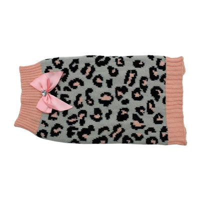 ZeeZ Knitted Leopard Print Dog Sweater with Bow Grey/Pink